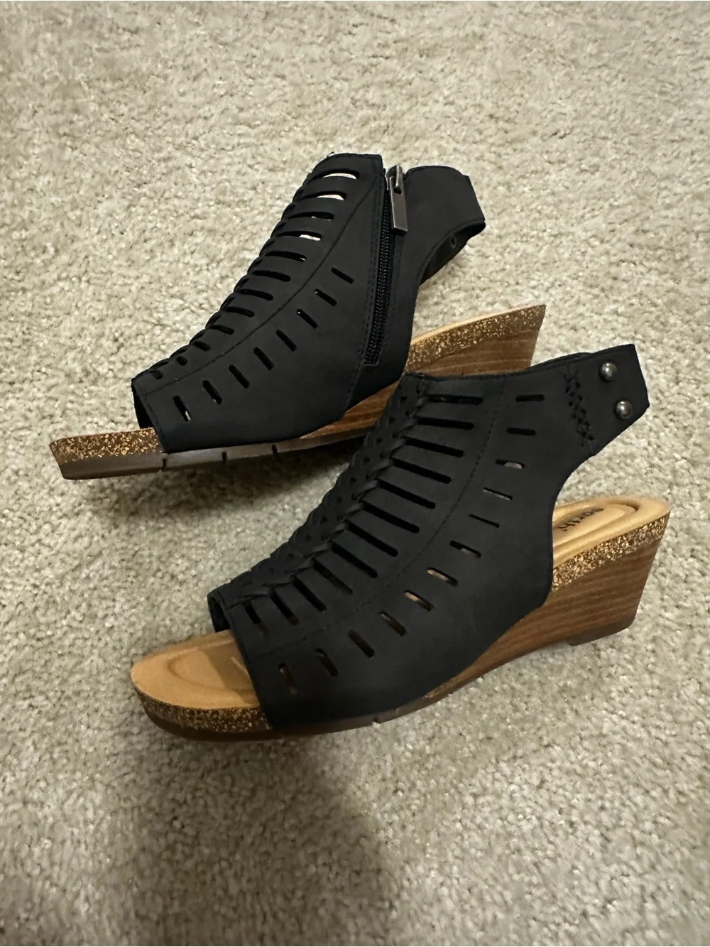 Earth Black Laser-Cut Peep Toe Wedge Sandals